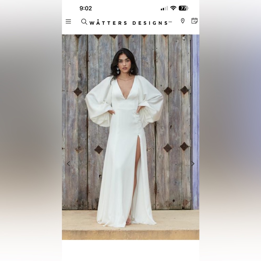 Watters Ivory Satin V-Neck Long Sleeve Wedding Dress with High Slit